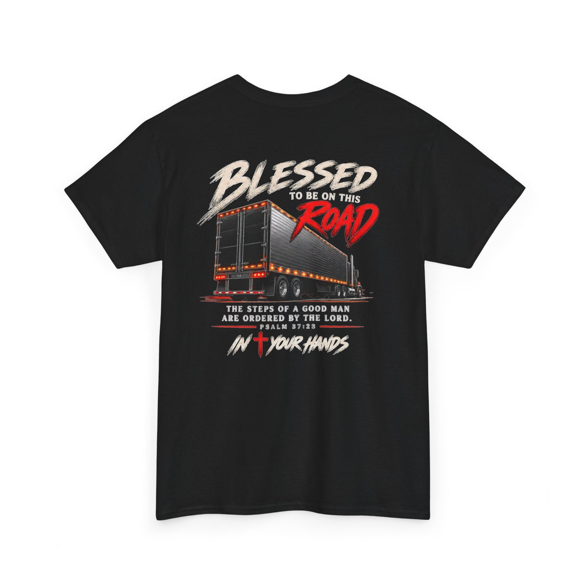 Blessed Road Trucker Tee — Christian Trucker Shirt with Cross & Psalm Graphic