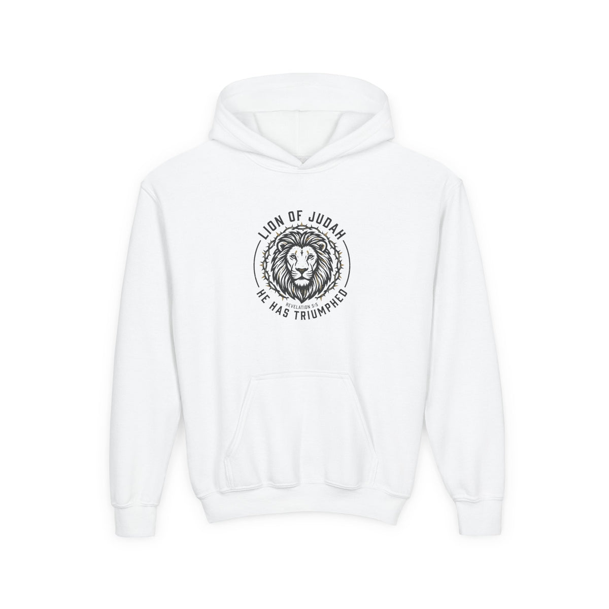 Youth Hoodie — "Lion of Judah, He Has Triumphed" Christian Lion Graphic