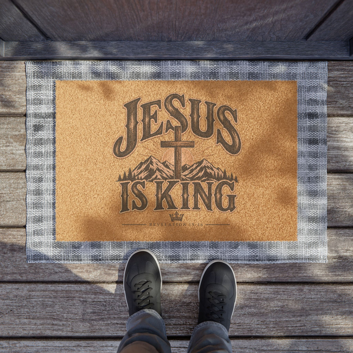 Jesus Is King Doormat — Rustic Christian Welcome Mat with Cross & Mountains