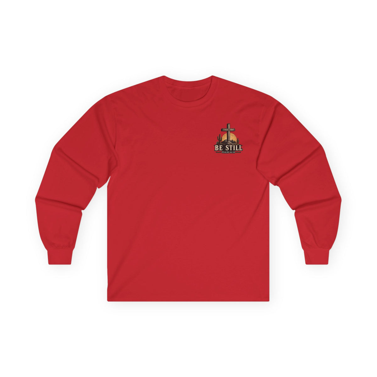 Be Still Psalm 46:10 Long Sleeve Tee — Christian Cross Sunset Shirt