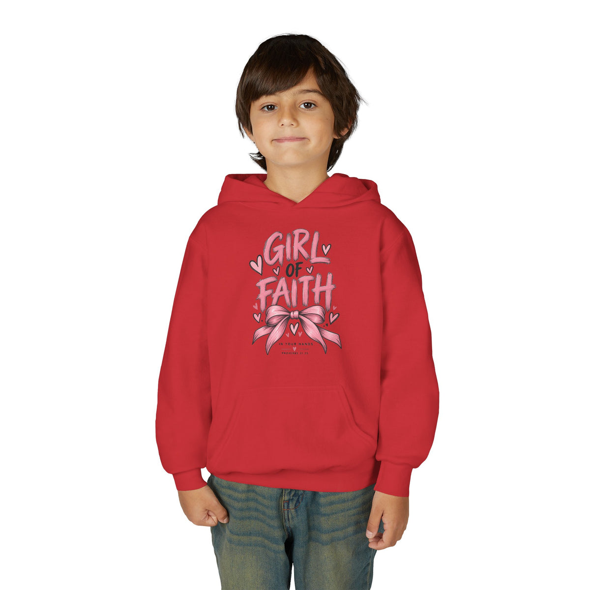 Girl of Faith Youth Hoodie — Pink Ribbon Christian Faith Sweatshirt