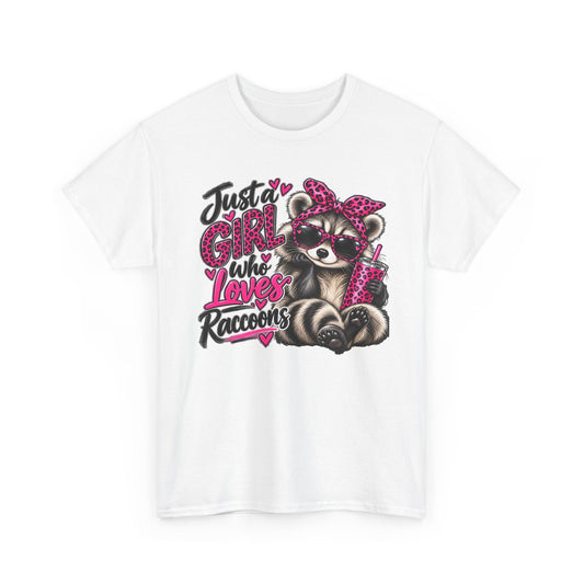 Just a Girl Who Loves Raccoons Tee — Cute Pink Raccoon Graphic T-Shirt