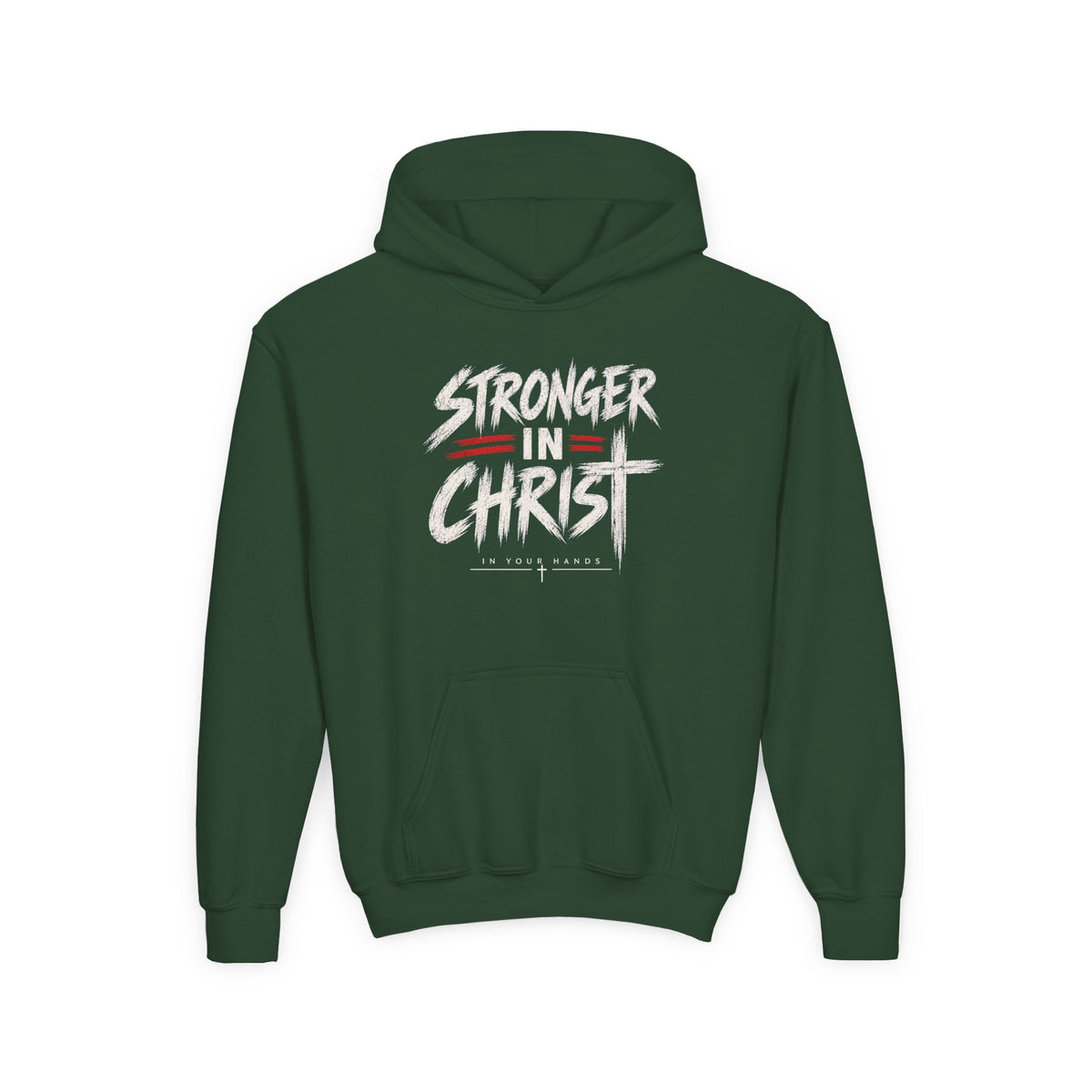 Youth Hoodie — "Stronger in Christ" Faith Graphic Hooded Sweatshirt