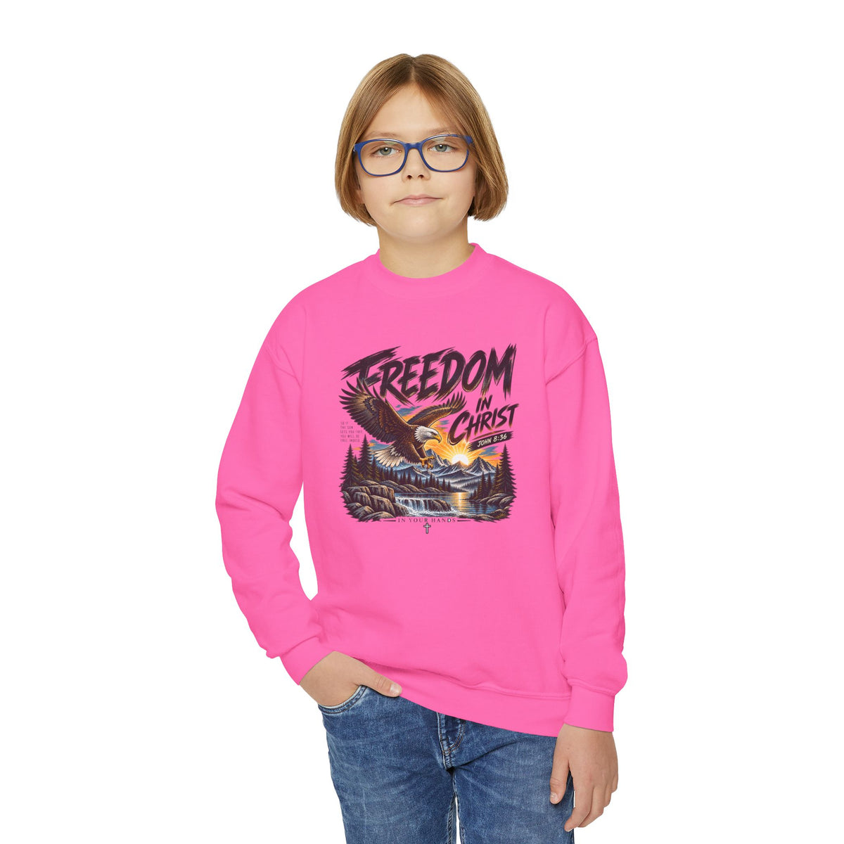 Youth Crewneck Sweatshirt — "Freedom in Christ" Eagle Graphic