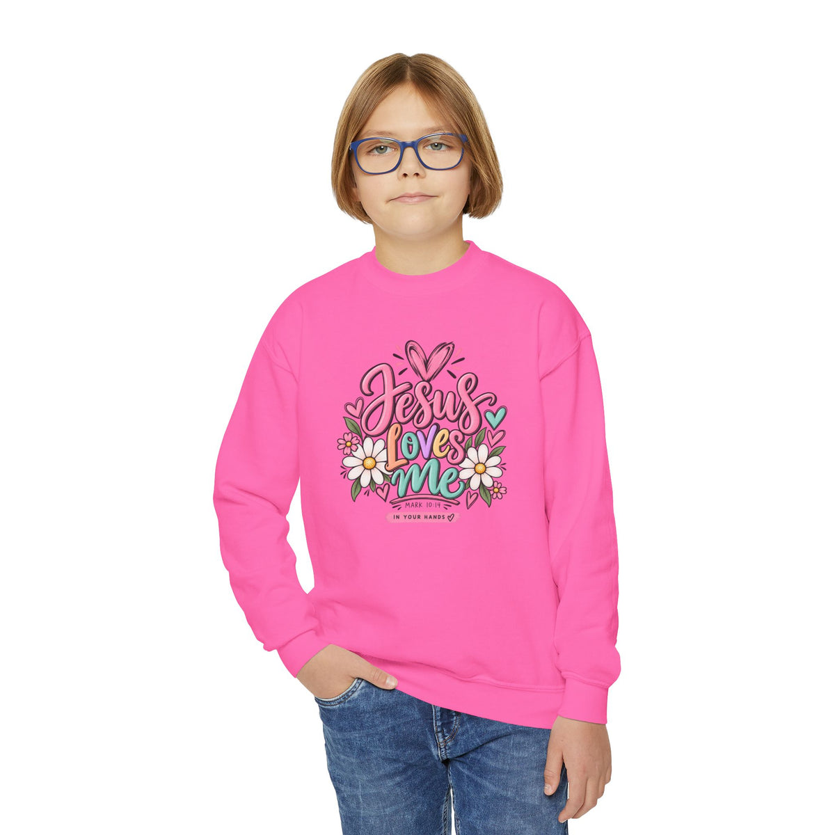 Youth Crewneck Sweatshirt - "Jesus Loves Me" Colorful Floral Christian Pullover
