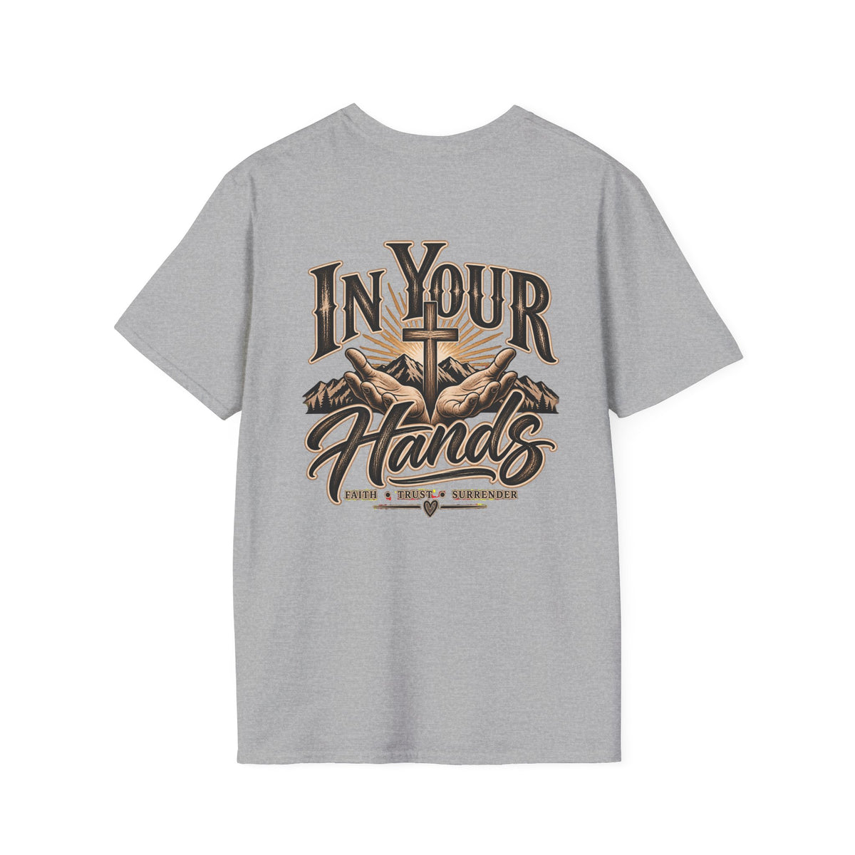 In Your Hands Cross T‑Shirt — Christian Faith Small Chest Logo
