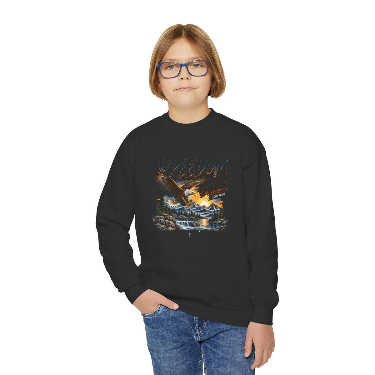 Youth Crewneck Sweatshirt — "Freedom in Christ" Eagle Graphic