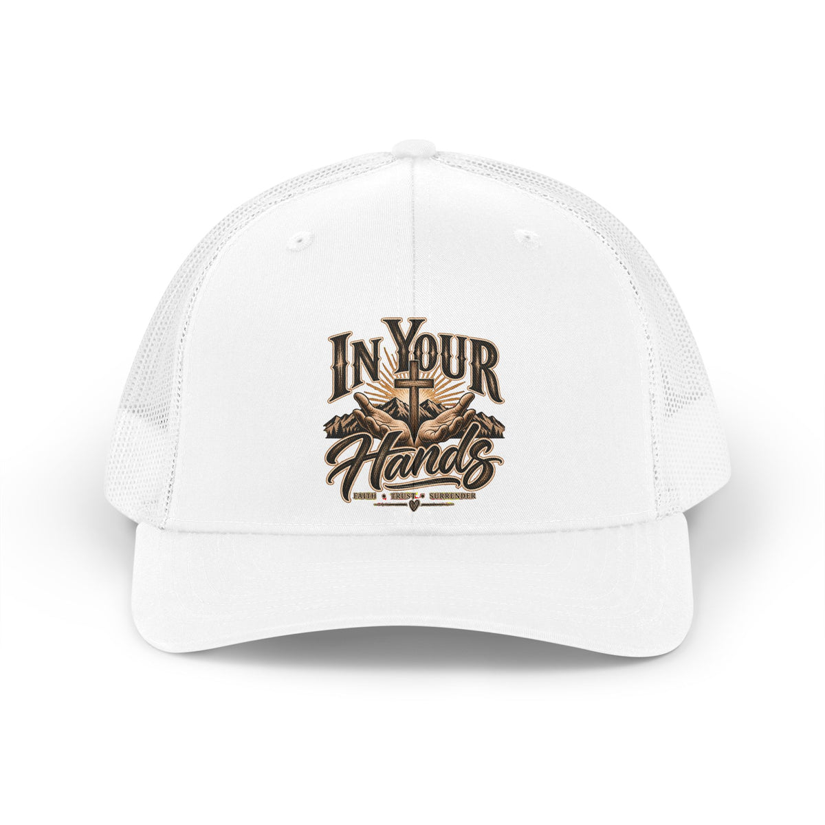 Trucker Hat — "In Your Hands" Retro Cross & Mountains Embroidered Cap