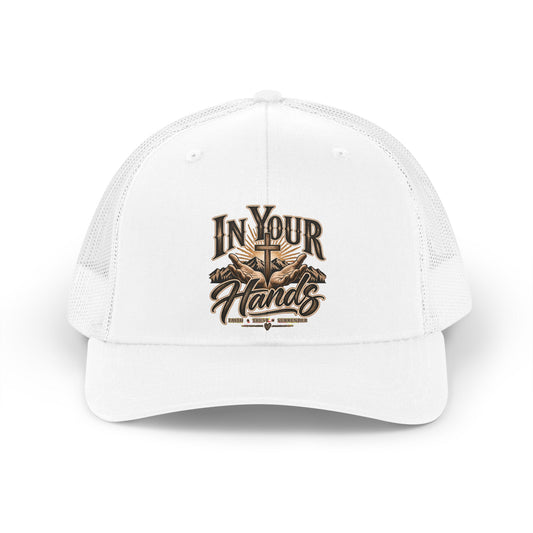 Trucker Hat — "In Your Hands" Retro Cross & Mountains Embroidered Cap