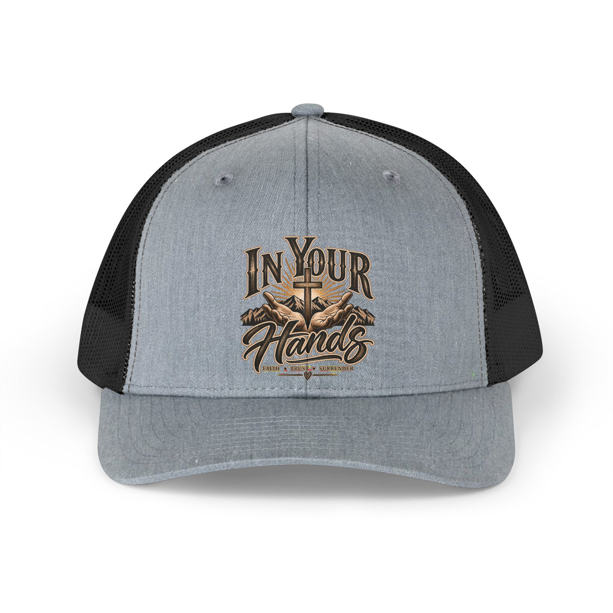 Trucker Hat — "In Your Hands" Retro Cross & Mountains Embroidered Cap