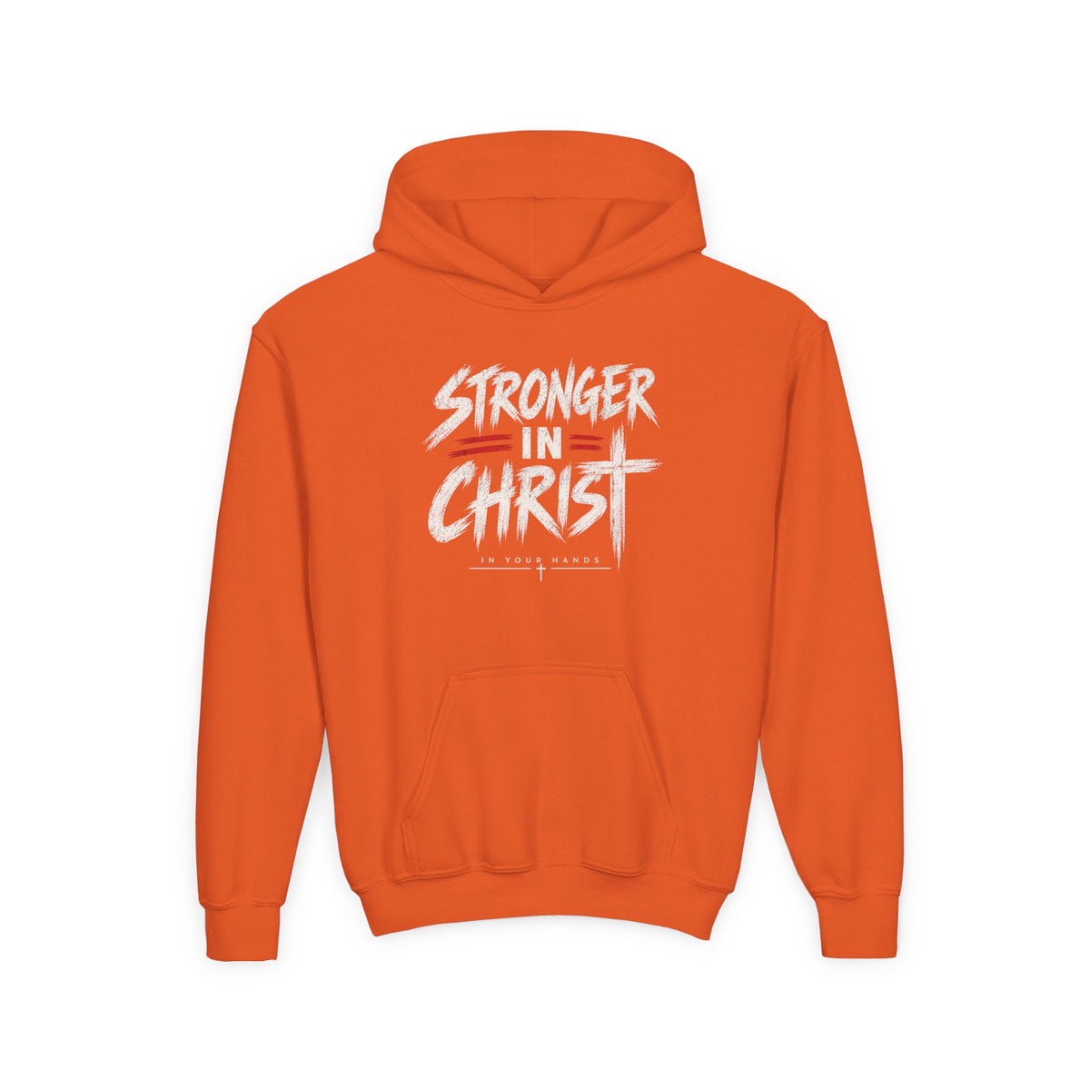 Youth Hoodie — "Stronger in Christ" Faith Graphic Hooded Sweatshirt