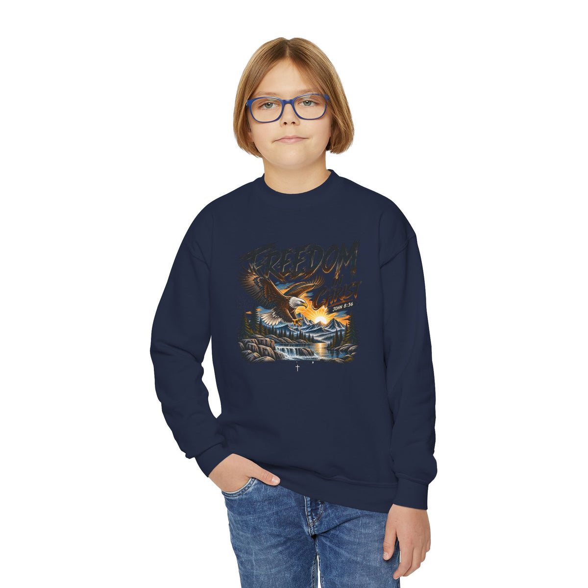 Youth Crewneck Sweatshirt — "Freedom in Christ" Eagle Graphic