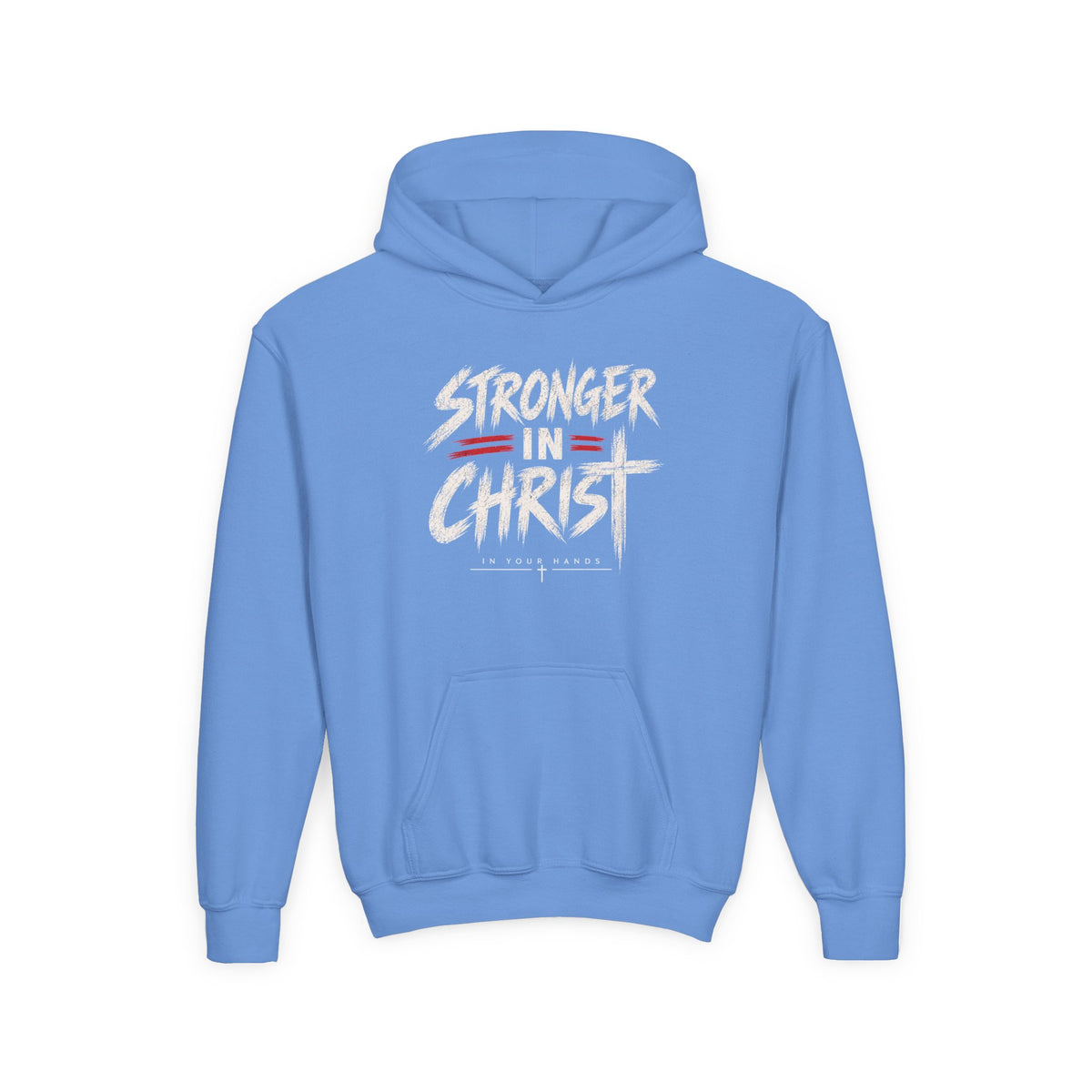 Youth Hoodie — "Stronger in Christ" Faith Graphic Hooded Sweatshirt