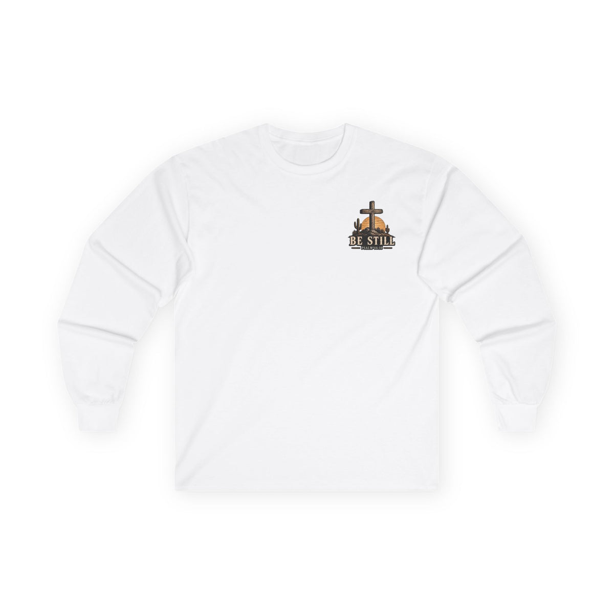 Be Still Psalm 46:10 Long Sleeve Tee — Christian Cross Sunset Shirt