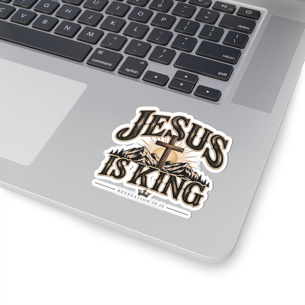Jesus Is King Kiss-Cut Sticker — Christian Faith Mountain Cross Vinyl Sticker (Revelation 19:16)