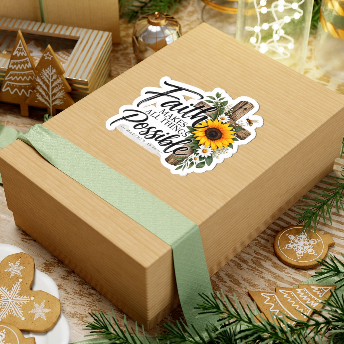Faith Makes All Things Possible Sticker — Sunflower Cross Christian Kiss-Cut Sticker (Matthew 19:26)