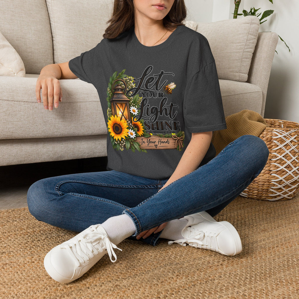 Let Your Light Shine T-Shirt — Inspirational Lantern & Sunflower Tee