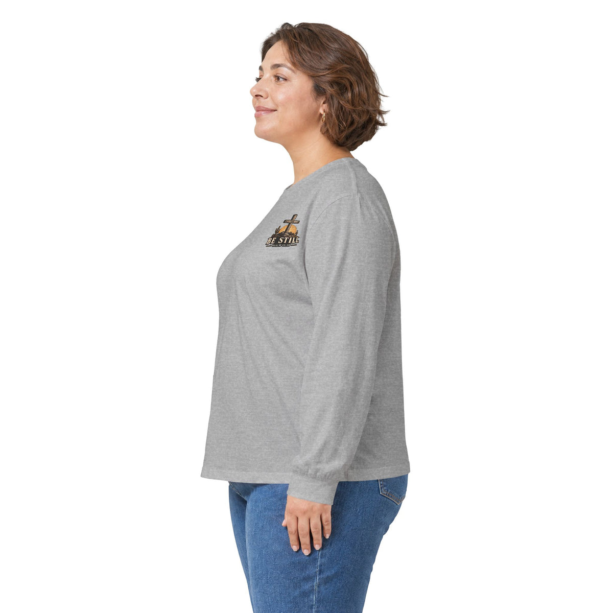 Be Still Psalm 46:10 Long Sleeve Tee — Christian Cross Sunset Shirt