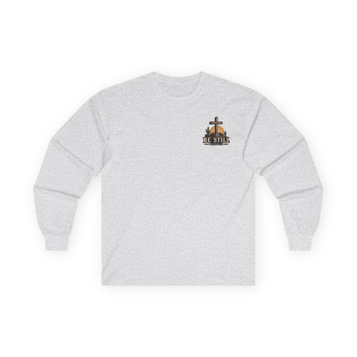 Be Still Psalm 46:10 Long Sleeve Tee — Christian Cross Sunset Shirt
