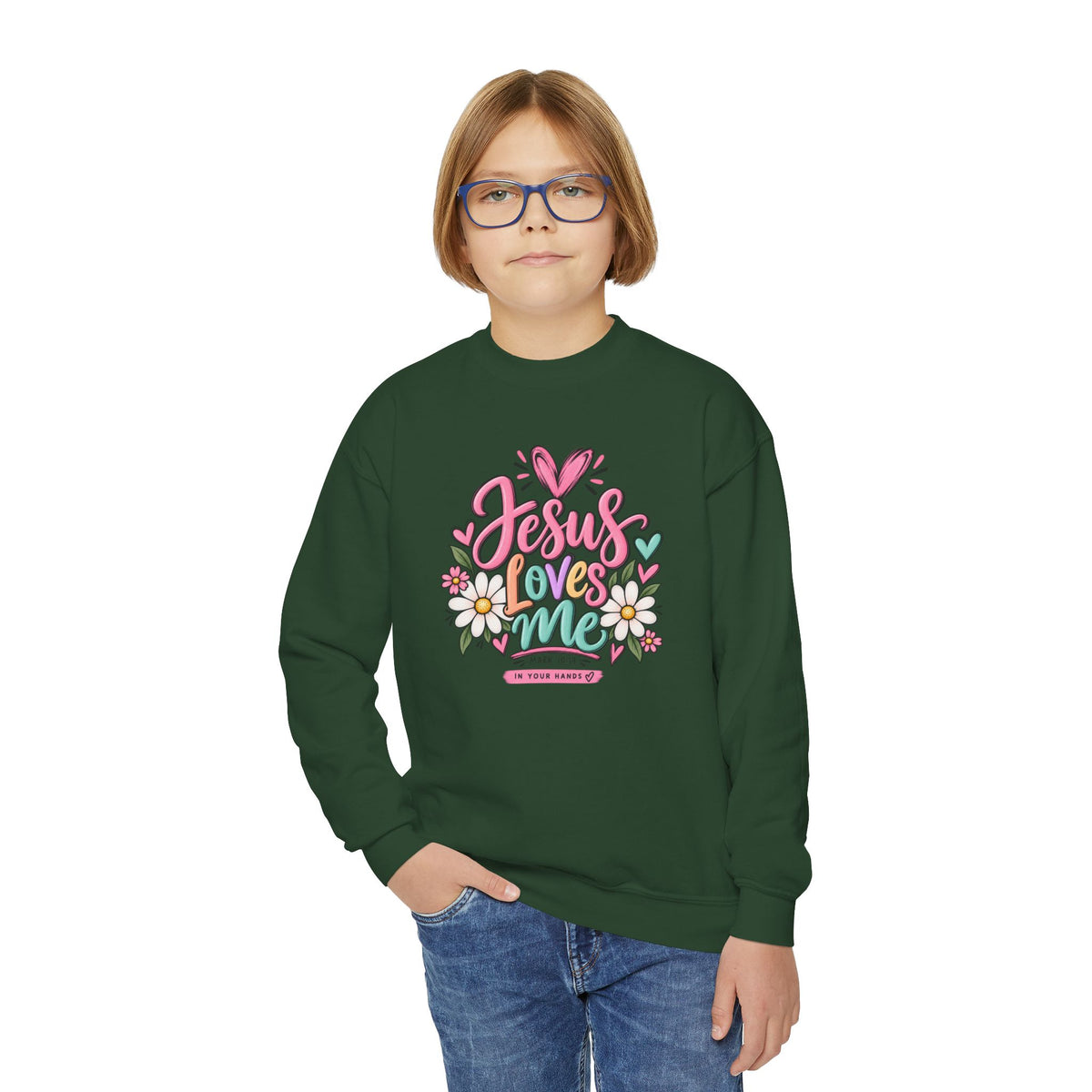 Youth Crewneck Sweatshirt - "Jesus Loves Me" Colorful Floral Christian Pullover
