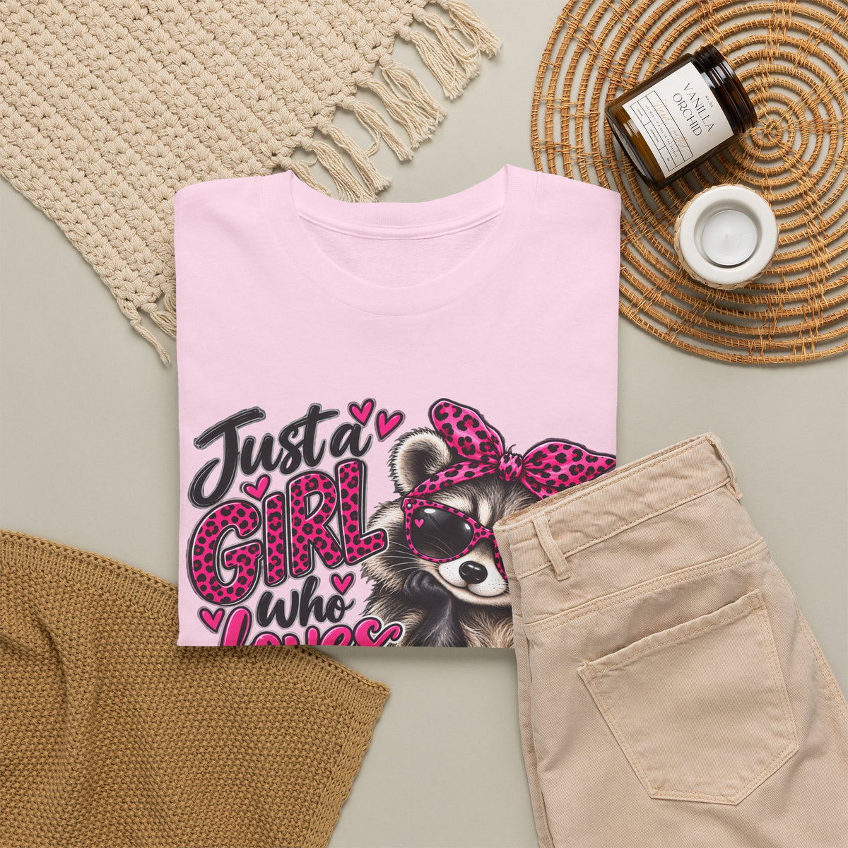 Just a Girl Who Loves Raccoons Tee — Cute Pink Raccoon Graphic T-Shirt