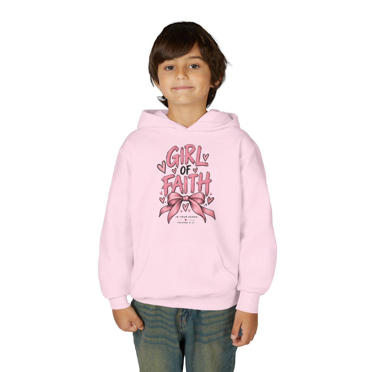 Girl of Faith Youth Hoodie — Pink Ribbon Christian Faith Sweatshirt
