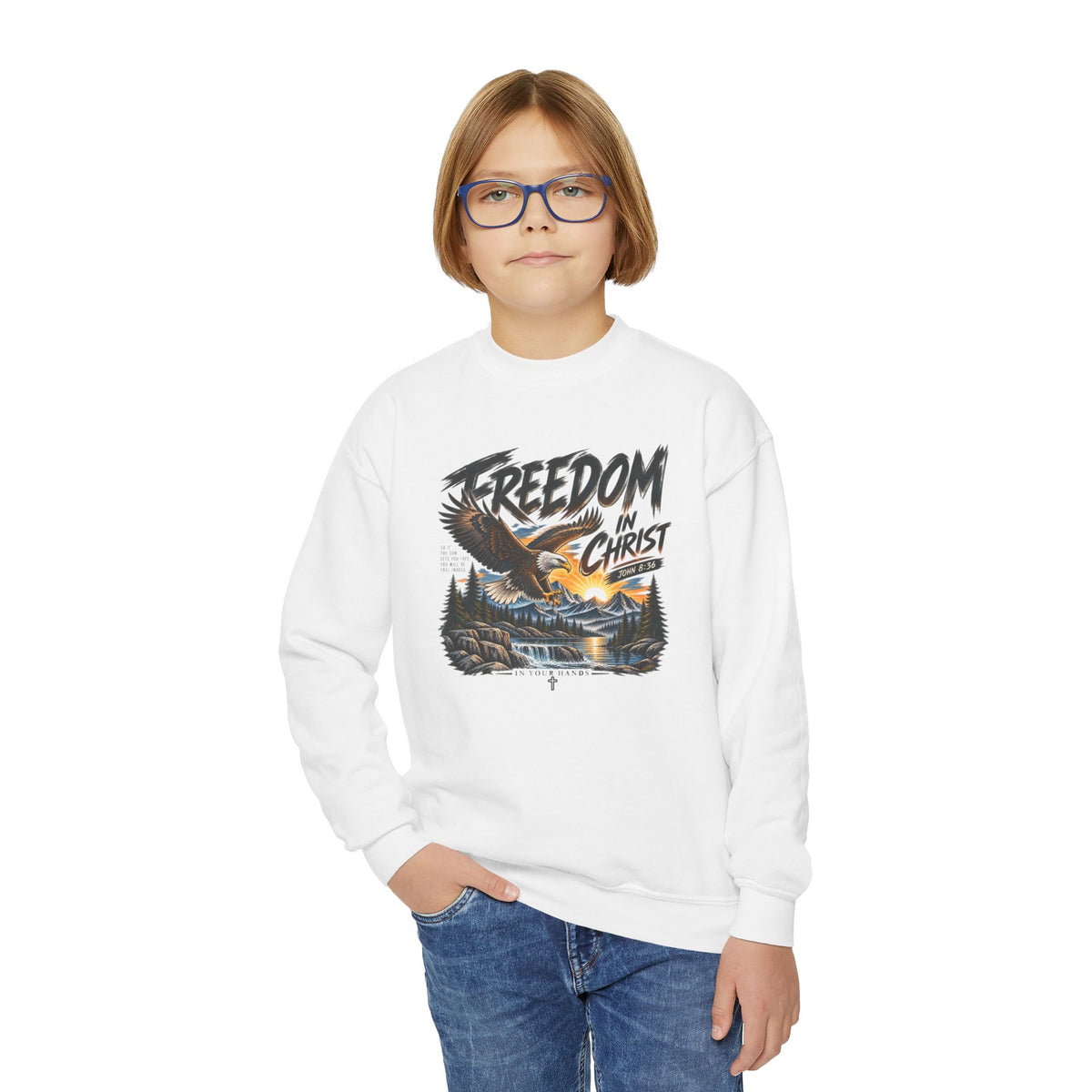 Youth Crewneck Sweatshirt — "Freedom in Christ" Eagle Graphic