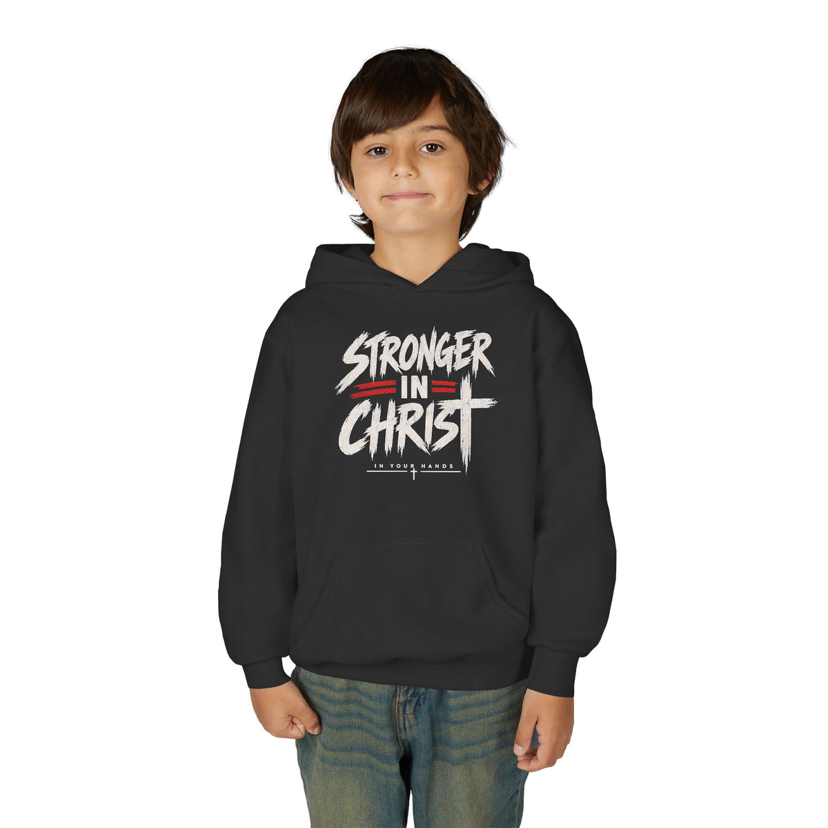 Youth Hoodie — "Stronger in Christ" Faith Graphic Hooded Sweatshirt