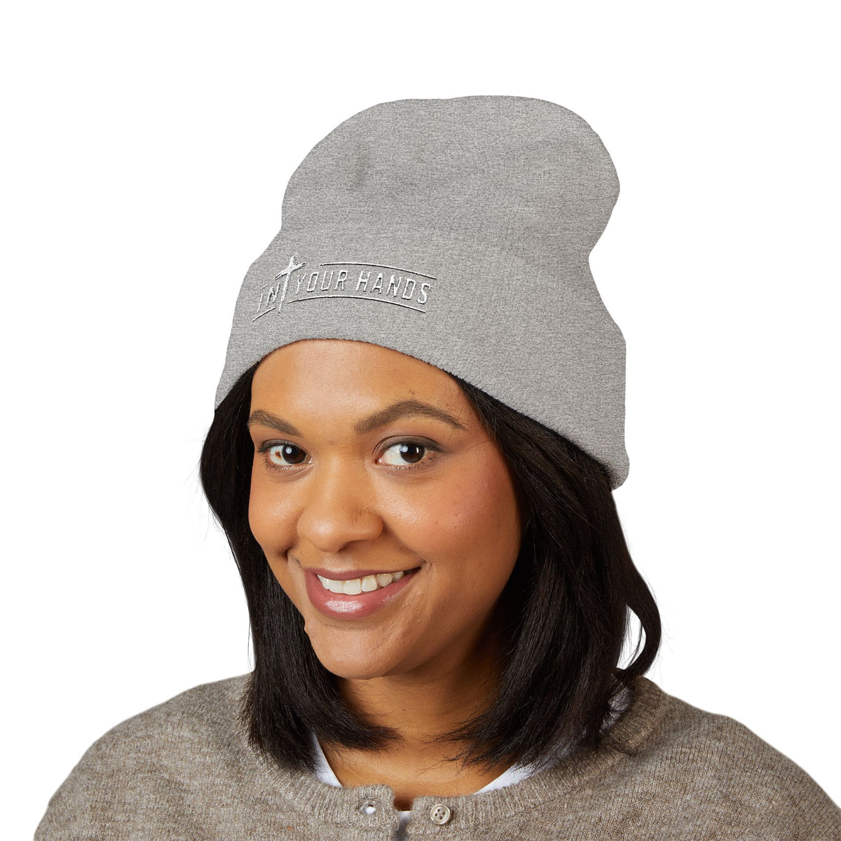 Embroidered 'In Your Hands' Cuffed Beanie - Knit Winter Hat