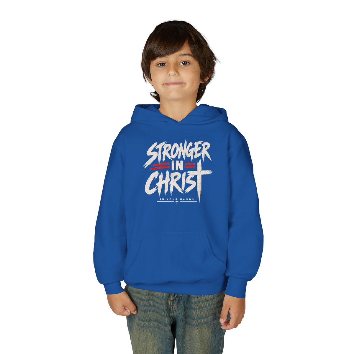 Youth Hoodie — "Stronger in Christ" Faith Graphic Hooded Sweatshirt