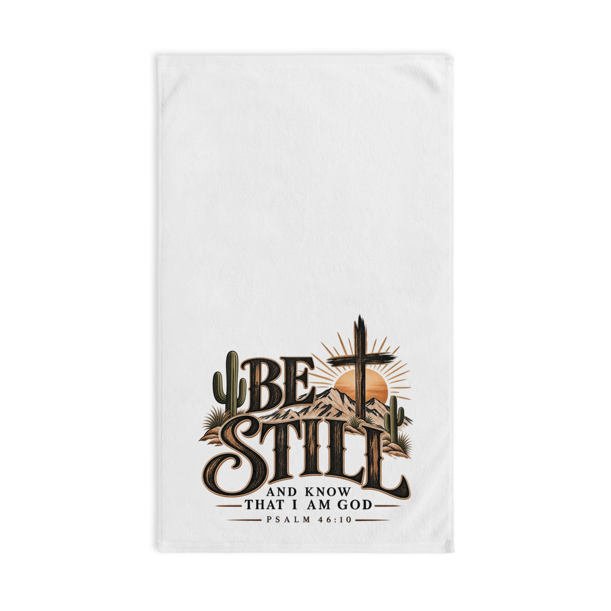 Hand Towel - "Be Still and Know I Am God" Psalm 46:10 Christian Decorative Kitchen Towel, Rustic Desert Cross Design