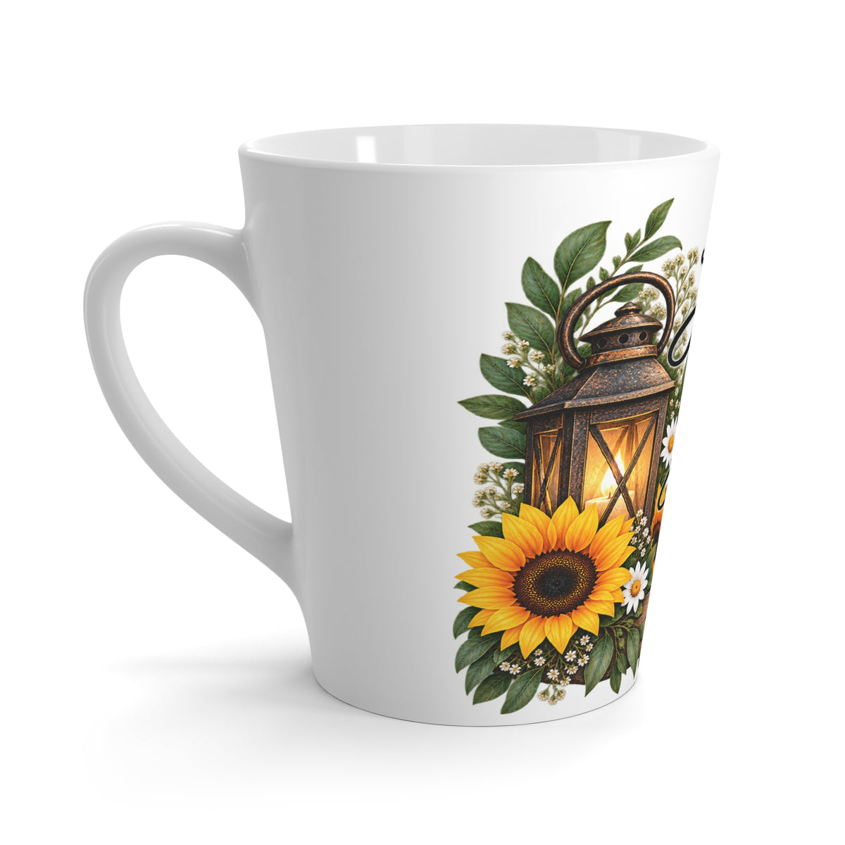 Latte Mug - "Let Your Light Shine" Sunflower Lantern Inspirational Coffee Mug