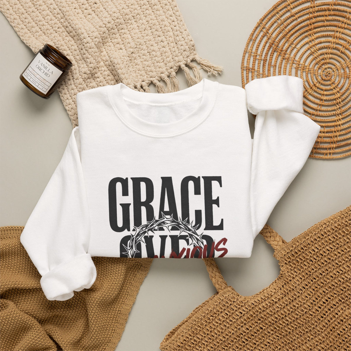 Grace Over Fear Crewneck Sweatshirt | Christian Streetwear, Distressed Typography