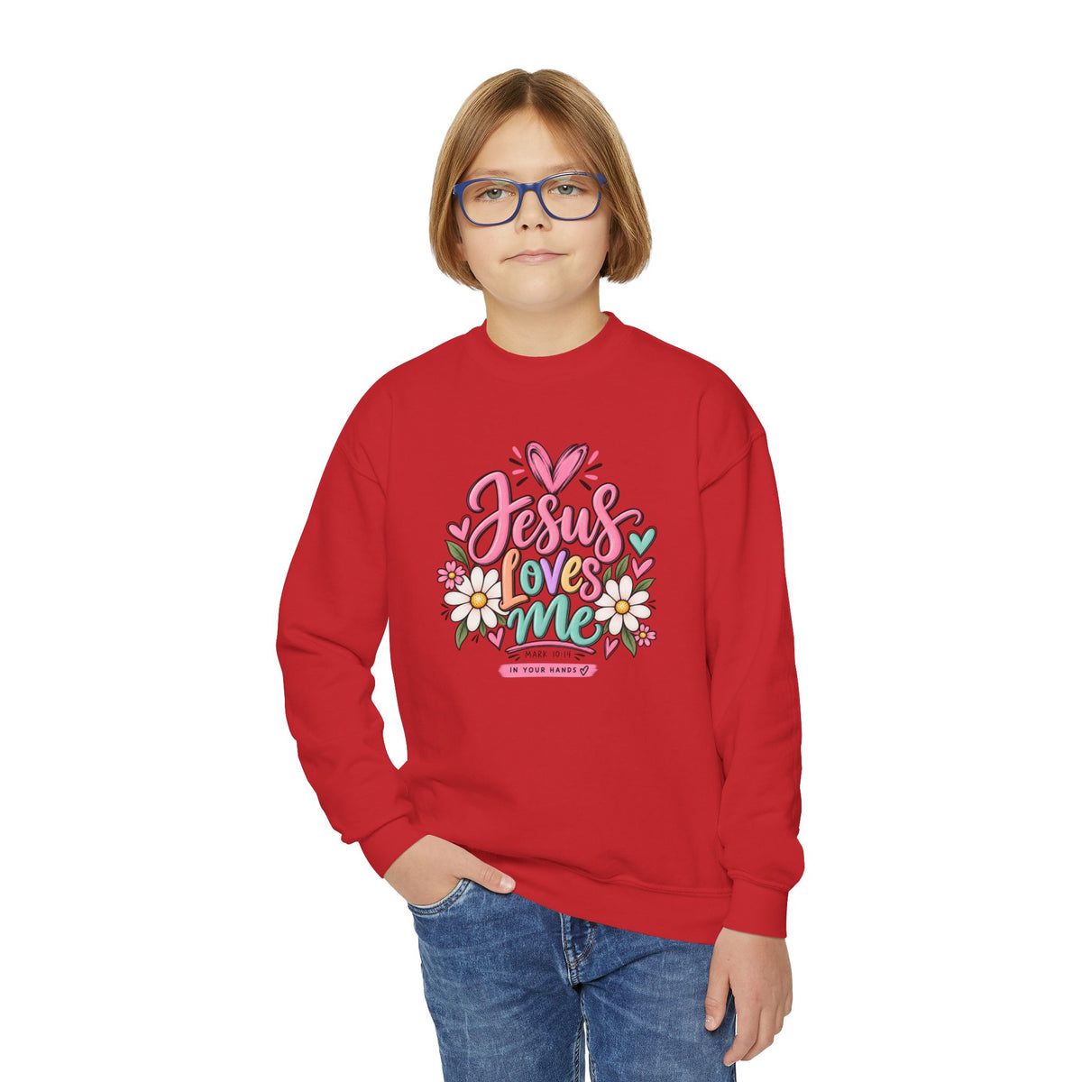 Youth Crewneck Sweatshirt - "Jesus Loves Me" Colorful Floral Christian Pullover
