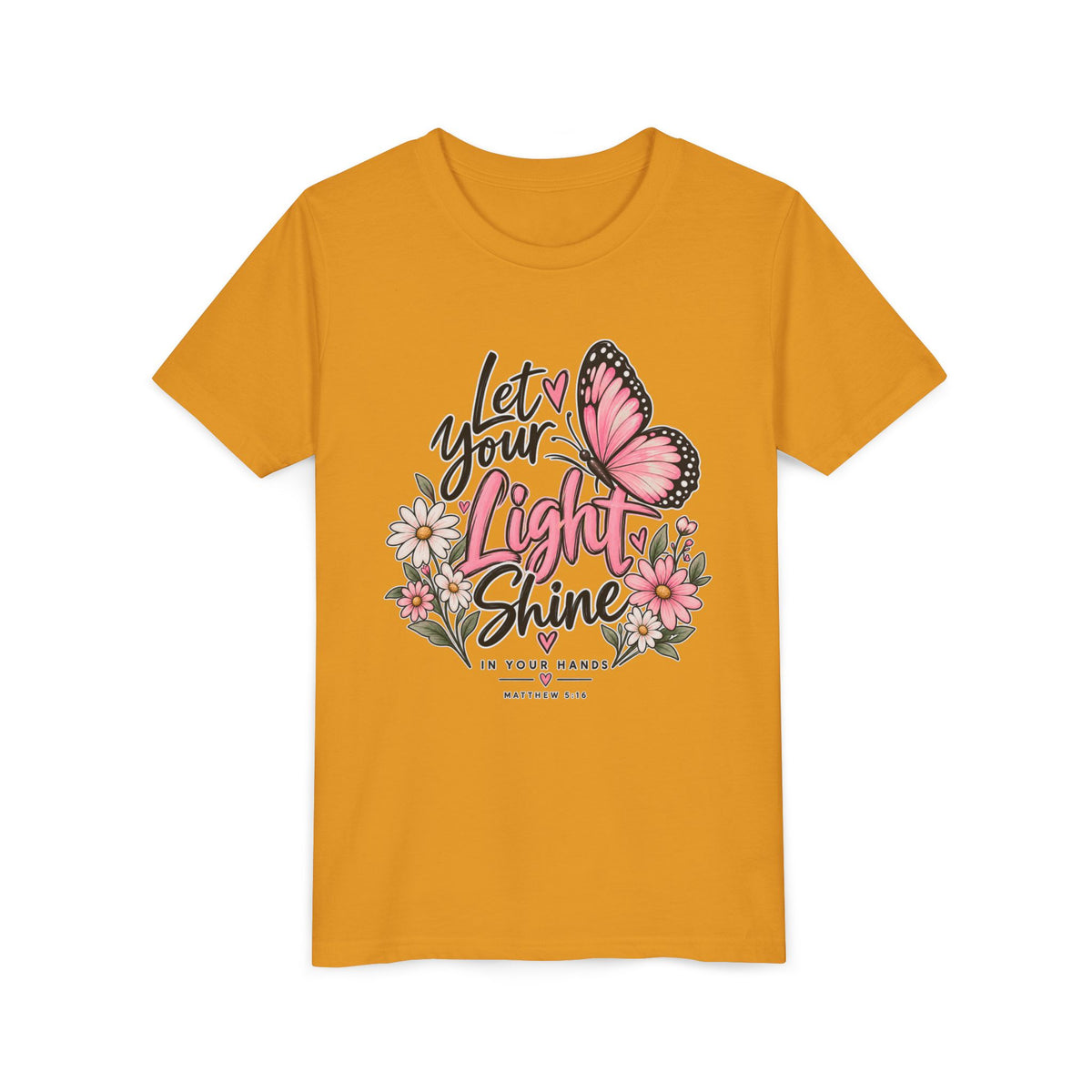 Youth Tee - "Let Your Light Shine" Pink Butterfly Floral Inspirational Shirt