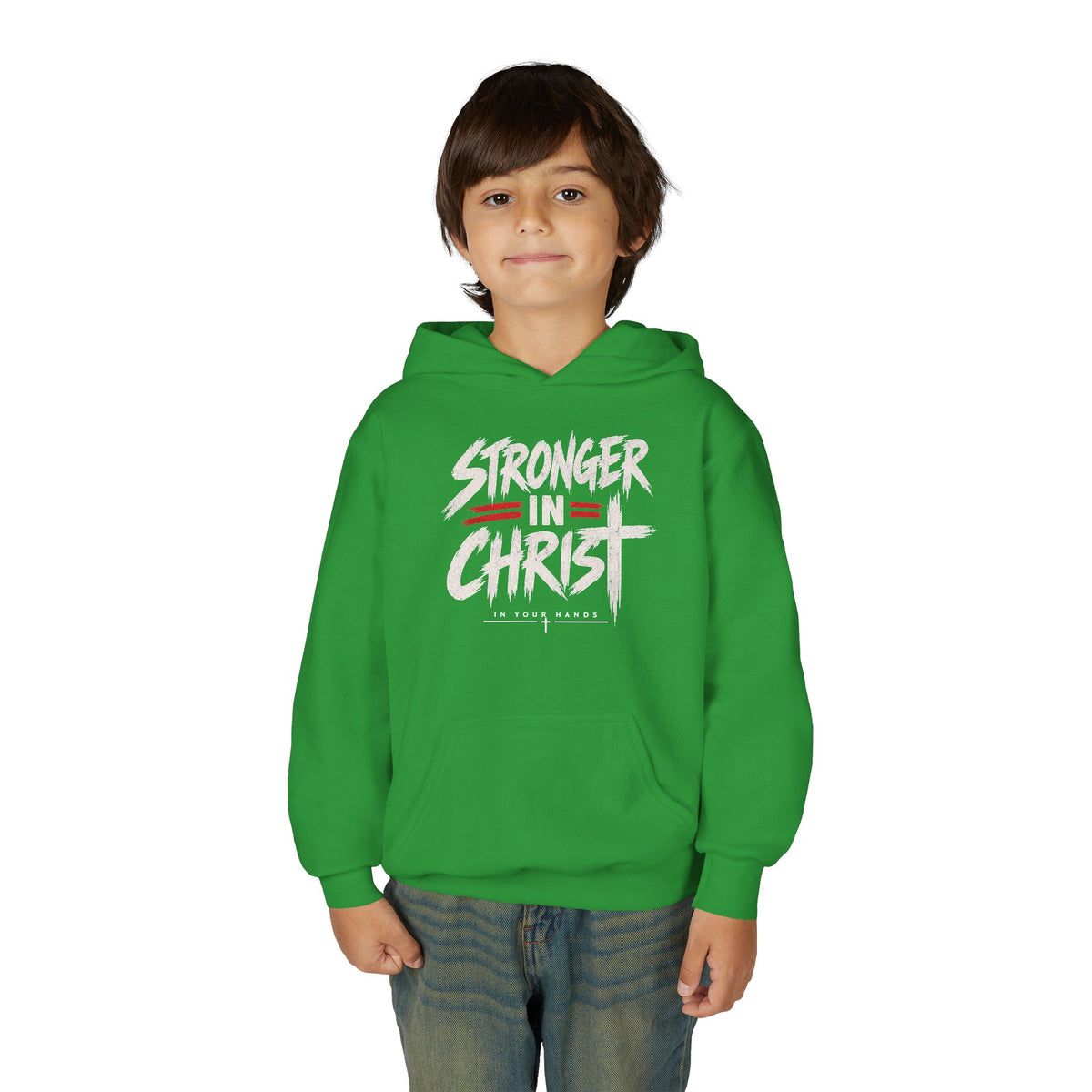 Youth Hoodie — "Stronger in Christ" Faith Graphic Hooded Sweatshirt