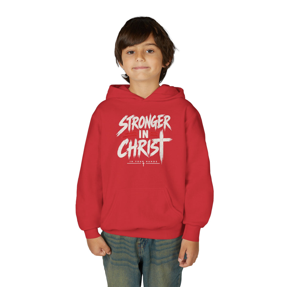 Youth Hoodie — "Stronger in Christ" Faith Graphic Hooded Sweatshirt