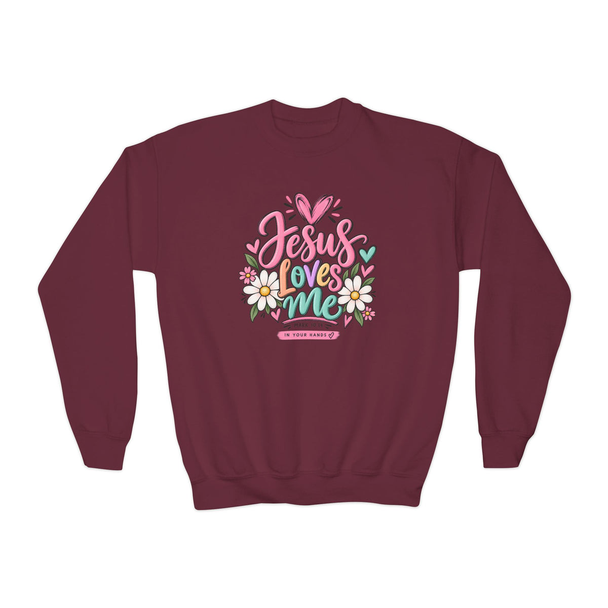 Youth Crewneck Sweatshirt - "Jesus Loves Me" Colorful Floral Christian Pullover