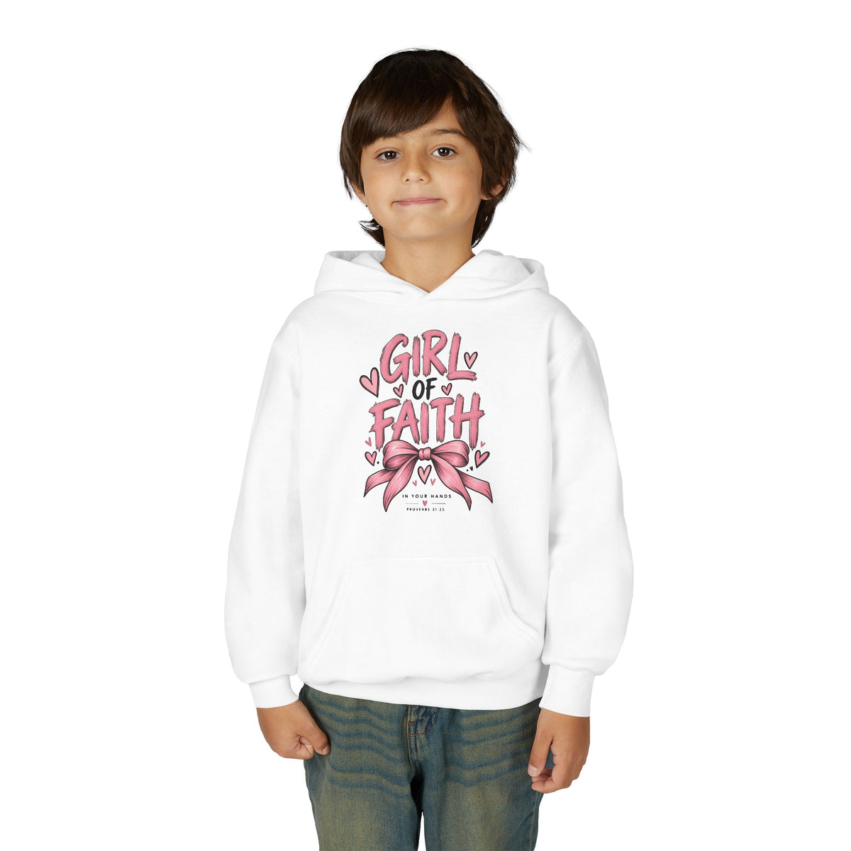 Girl of Faith Youth Hoodie — Pink Ribbon Christian Faith Sweatshirt