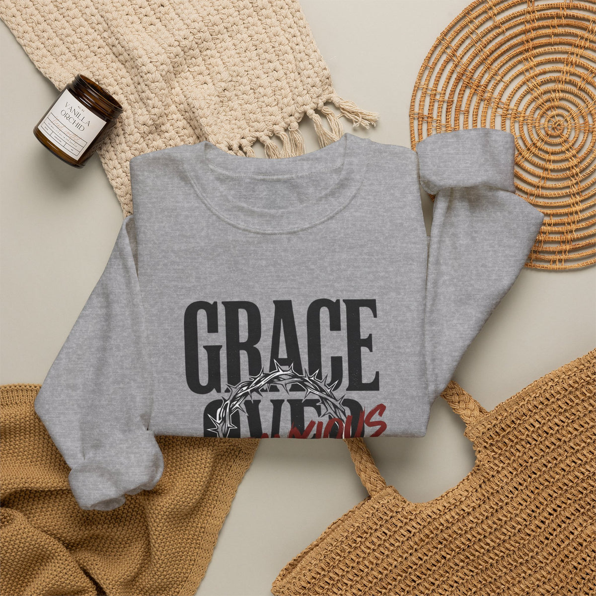 Grace Over Fear Crewneck Sweatshirt | Christian Streetwear, Distressed Typography