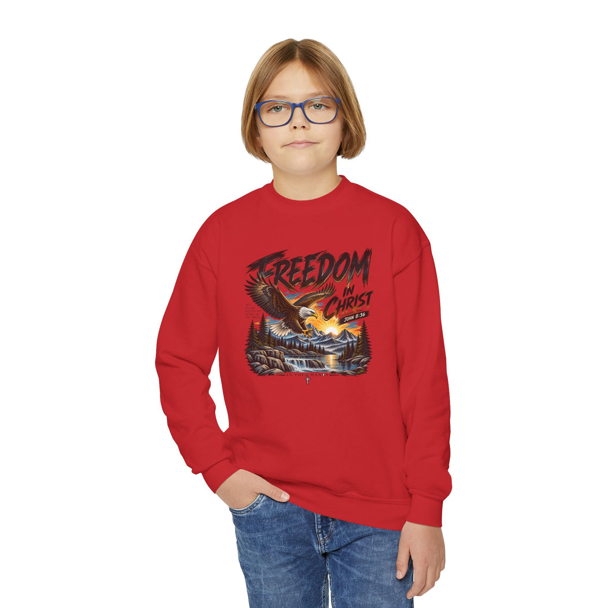 Youth Crewneck Sweatshirt — "Freedom in Christ" Eagle Graphic