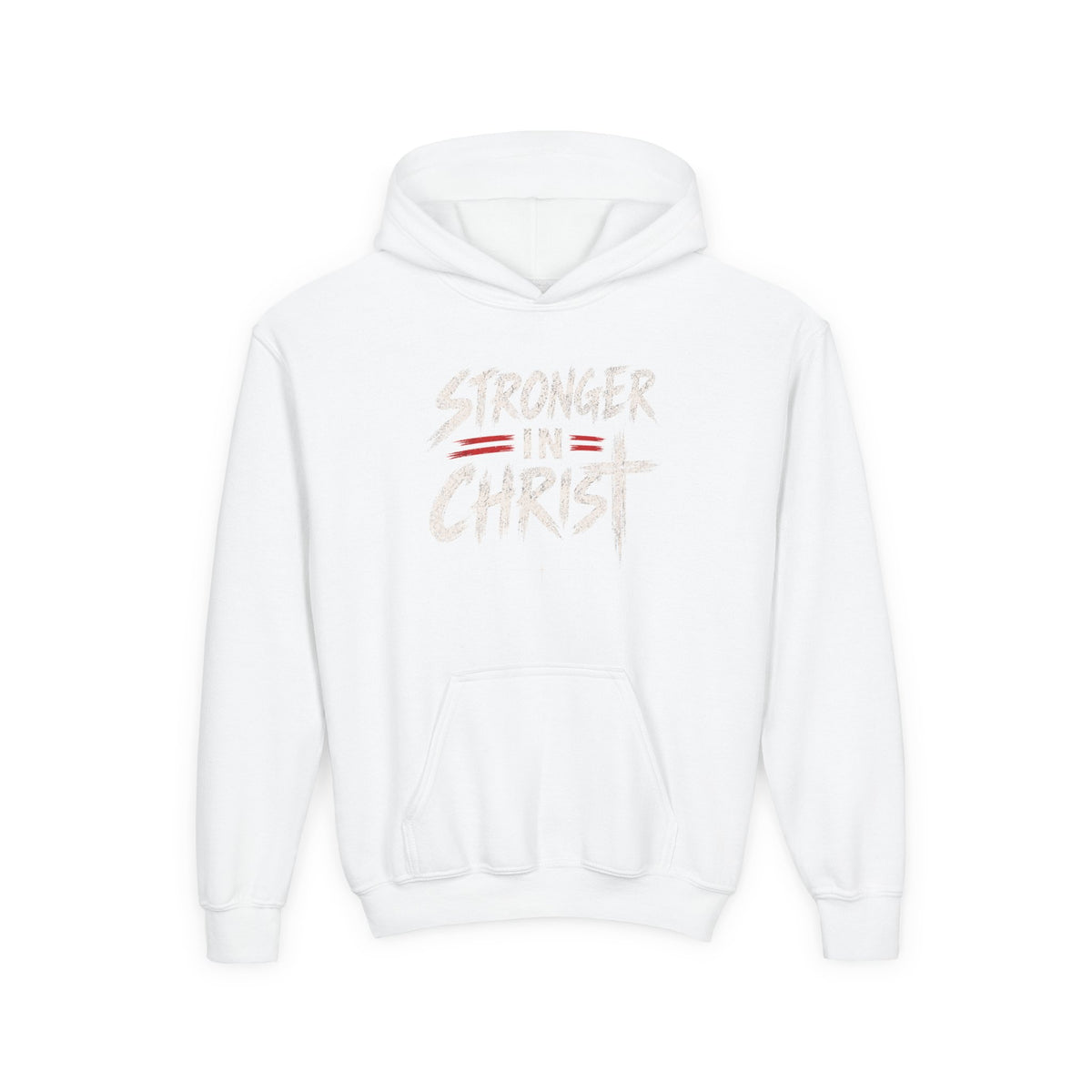 Youth Hoodie — "Stronger in Christ" Faith Graphic Hooded Sweatshirt