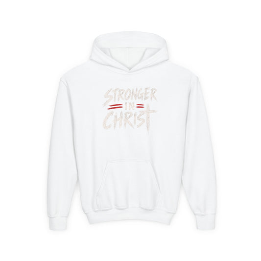 Youth Hoodie — "Stronger in Christ" Faith Graphic Hooded Sweatshirt