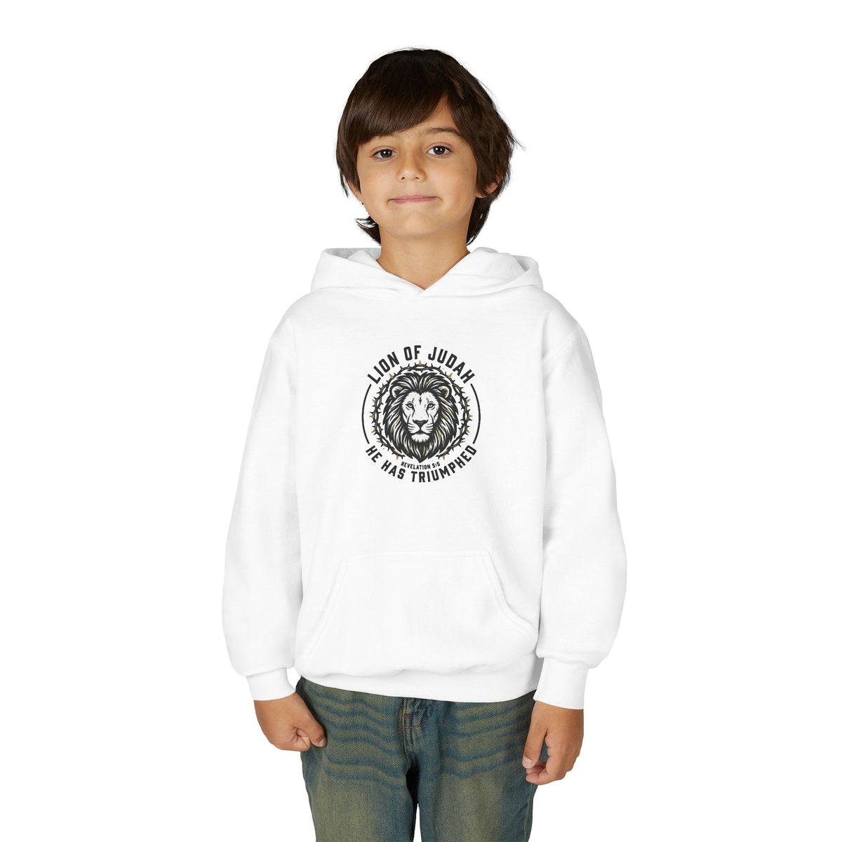 Youth Hoodie — "Lion of Judah, He Has Triumphed" Christian Lion Graphic