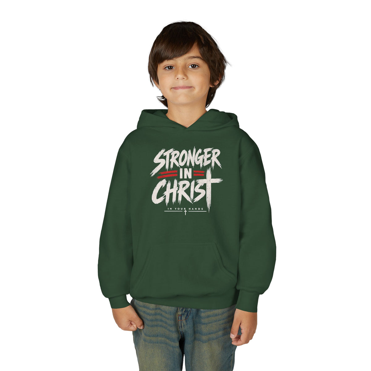 Youth Hoodie — "Stronger in Christ" Faith Graphic Hooded Sweatshirt
