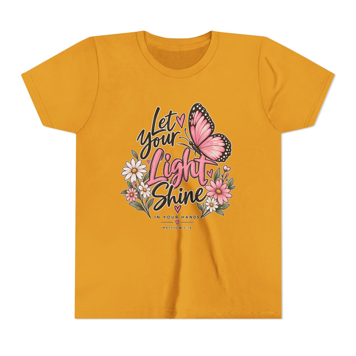 Youth Tee - "Let Your Light Shine" Pink Butterfly Floral Inspirational Shirt