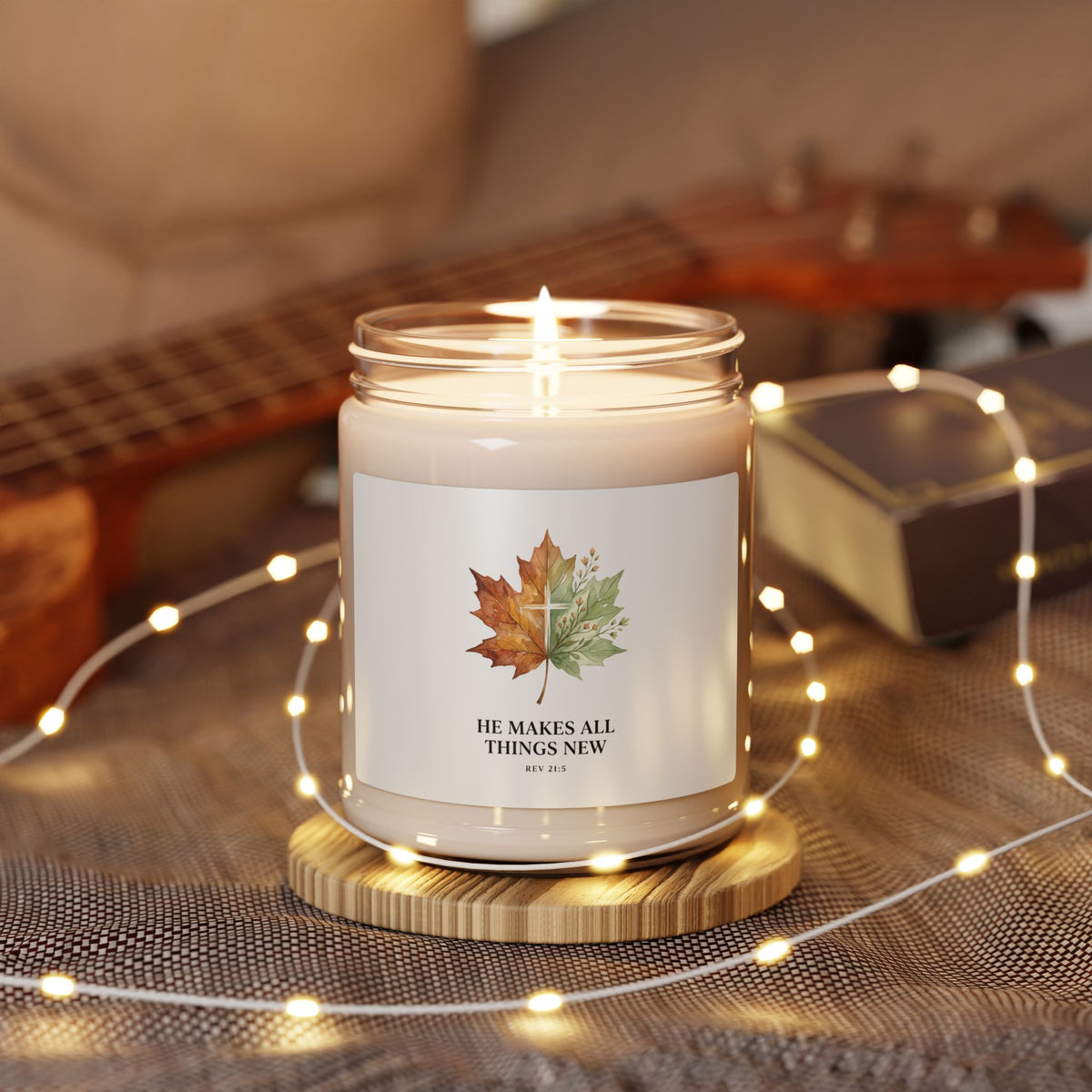 He Makes All Things New Soy Candle, Christian Autumn | Fall Leaf Scripture