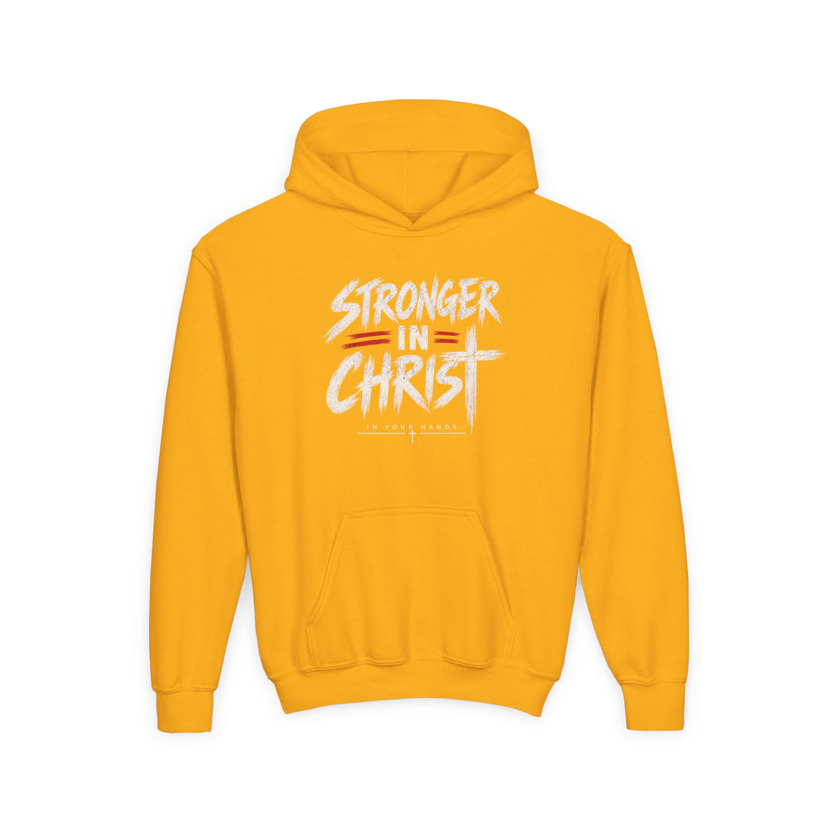 Youth Hoodie — "Stronger in Christ" Faith Graphic Hooded Sweatshirt