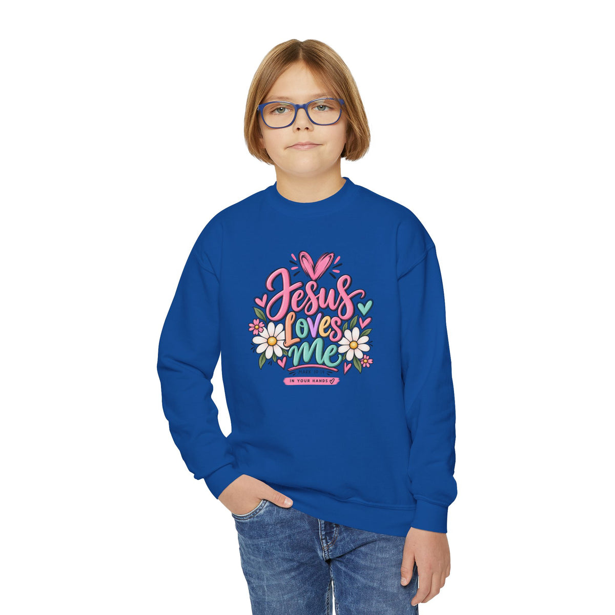 Youth Crewneck Sweatshirt - "Jesus Loves Me" Colorful Floral Christian Pullover