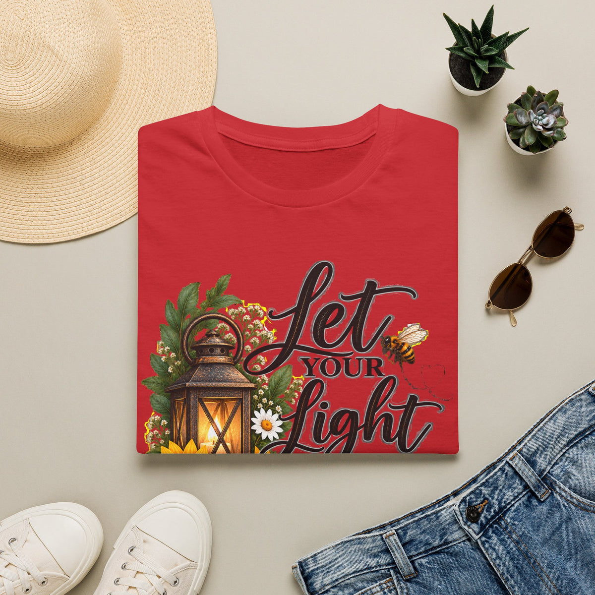 Let Your Light Shine T-Shirt — Inspirational Lantern & Sunflower Tee